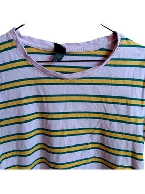 Vintage Medium Boxy Y2K Striped Crewneck T-shirt Crop Top Pink Green Yellow